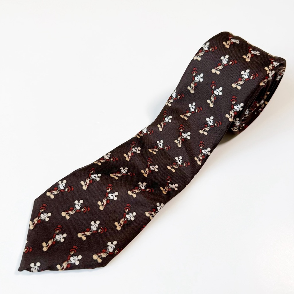 VTG Y2K 90s Men Walt Disney Classic Retro Mickey Mouse Brown 100% Silk Tie Party